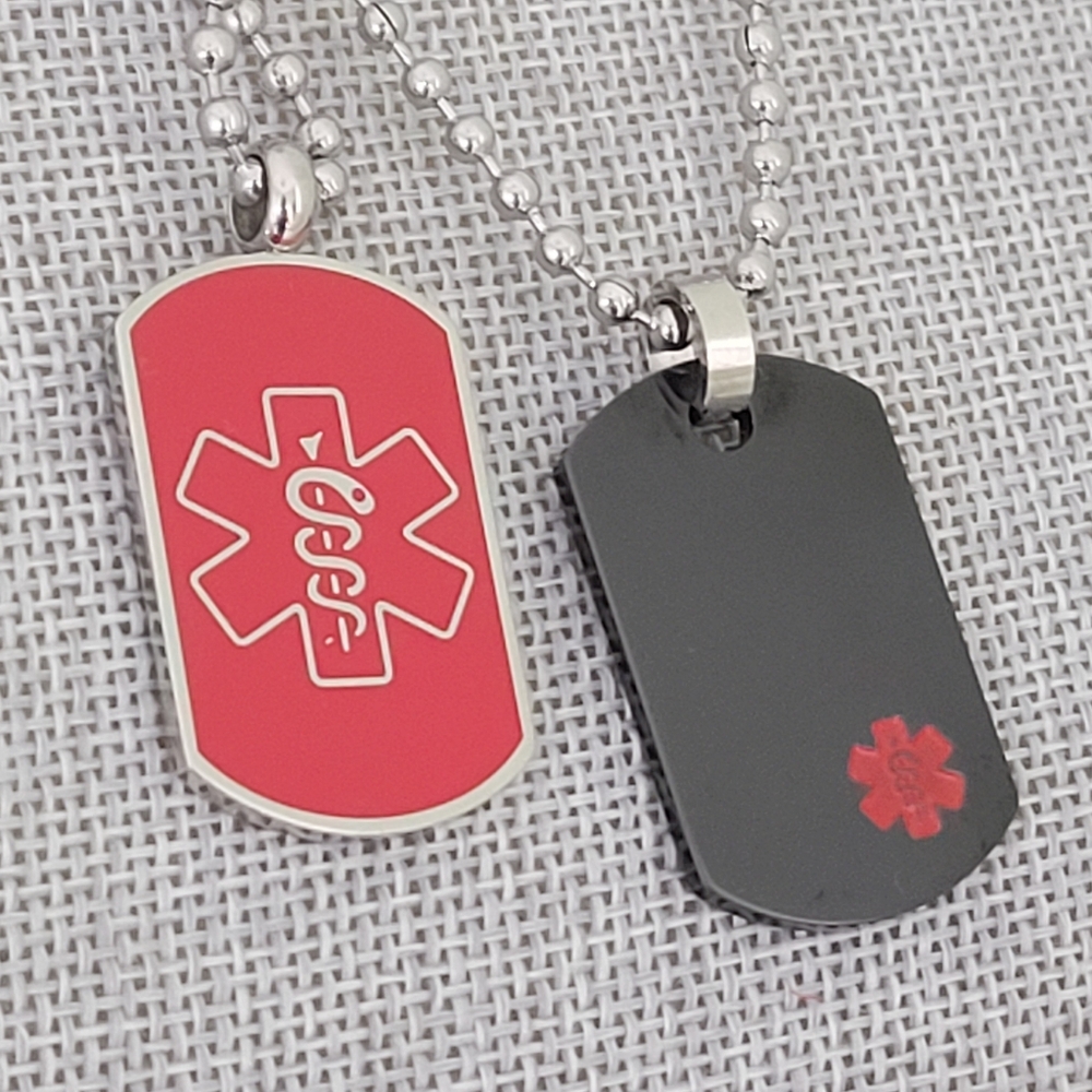 Medical ID Dog Tag Pendant & Chain Engravable Red or Black Stainless Waterproof